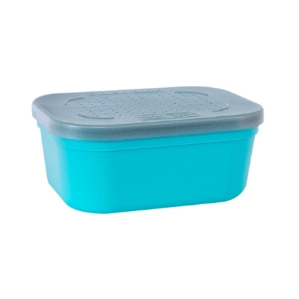 Blue plastic container with a gray lid on a white background